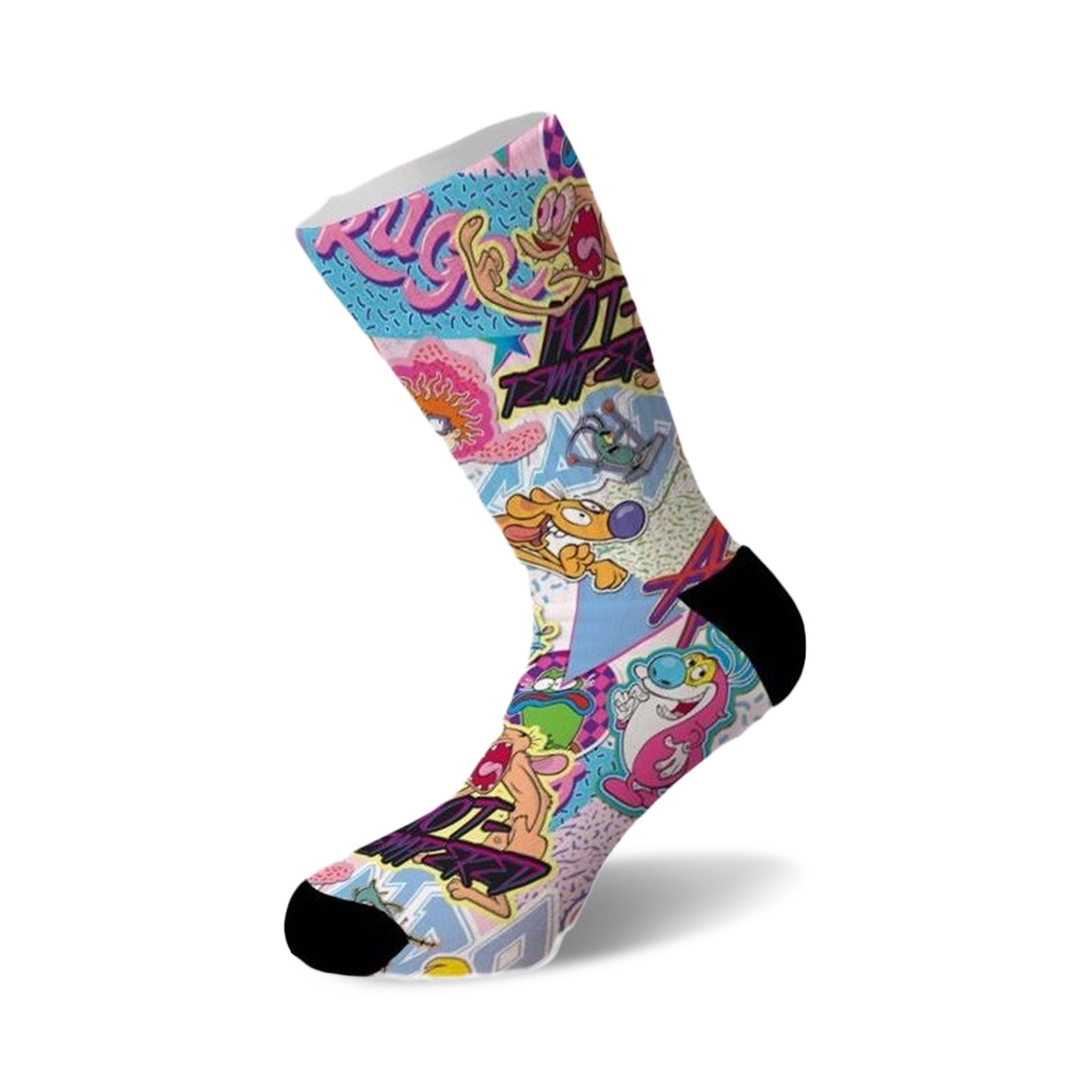 Crew socks with a colorful 90s cartoon design. Pink, blue, and yellow tones feature Ren & Stimpy, and other characters against a white background.