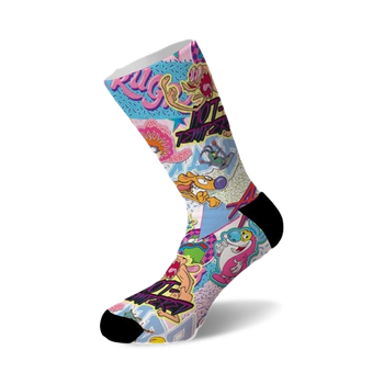 white crew socks featuring colorful characters from the nickelodeon tv show "rugrats" including tommy, chuckie, angelica, susie, and reptar.  