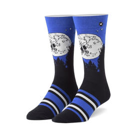 blue crew socks with a pattern of a bicycle, moon, and trees. inspired by the movie et, these socks are a fun and stylish way to show your love for the classic film.  