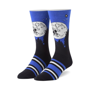 blue crew socks with a pattern of a bicycle, moon, and trees. inspired by the movie et, these socks are a fun and stylish way to show your love for the classic film.  