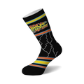 Crew socks in black with the 'Back to the Future' logo in orange and yellow, and white lightning bolt accents.