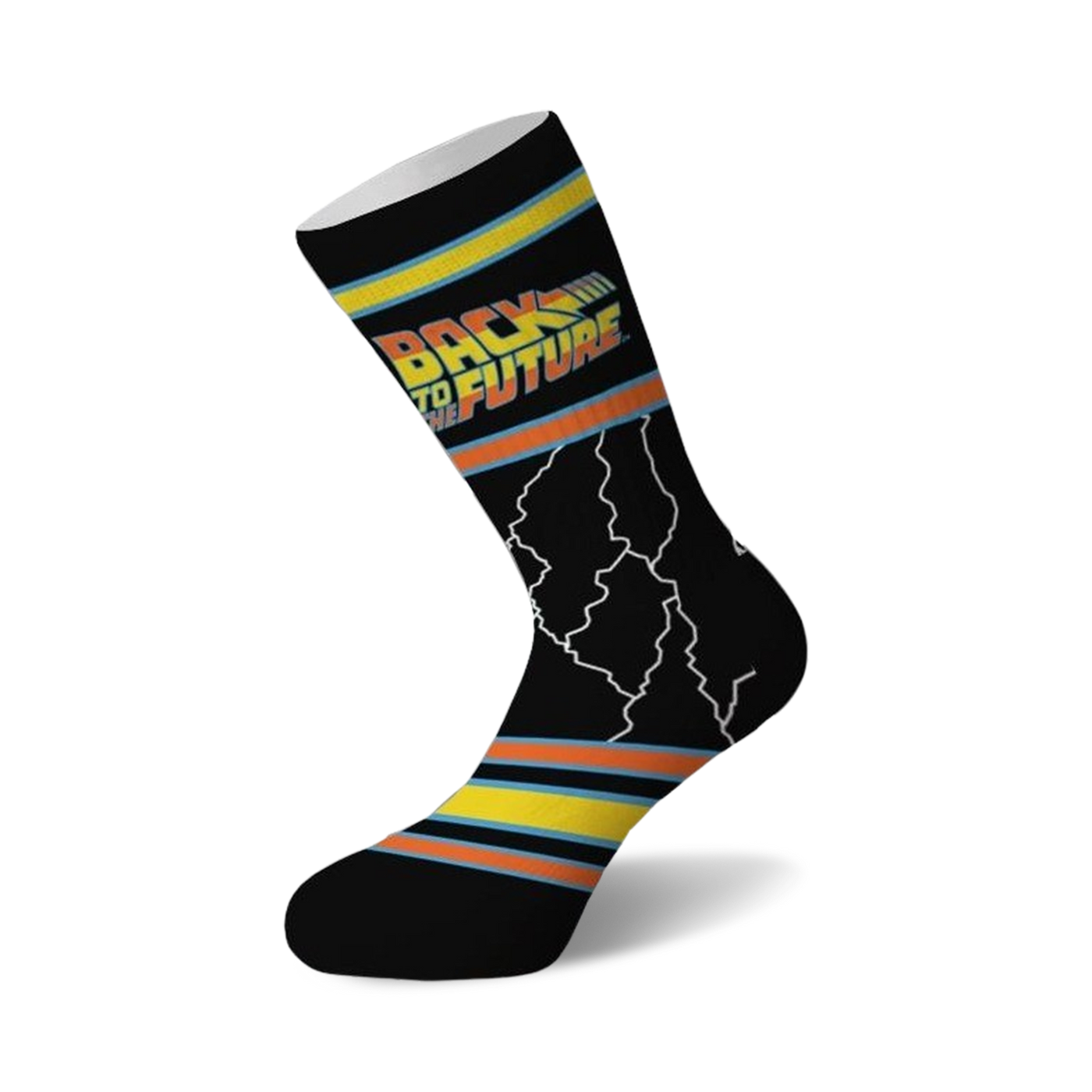 Crew socks in black with the 'Back to the Future' logo in orange and yellow, and white lightning bolt accents.