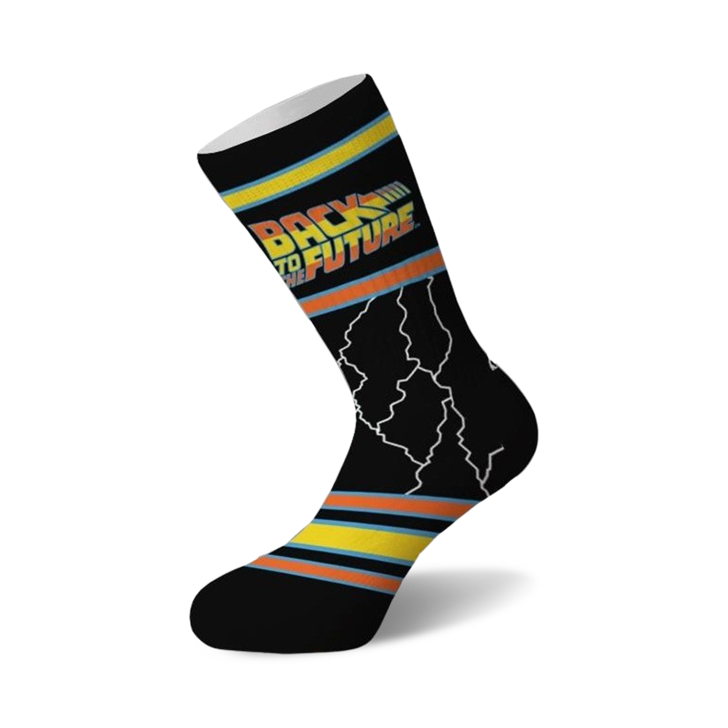 Crew socks in black with the 'Back to the Future' logo in orange and yellow, and white lightning bolt accents.