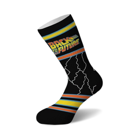  black crew socks with a yellow and orange stripe, blue and yellow stripe, and a large image of a delorean dmc surrounded by lightning bolts.   