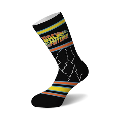  black crew socks with a yellow and orange stripe, blue and yellow stripe, and a large image of a delorean dmc surrounded by lightning bolts.   