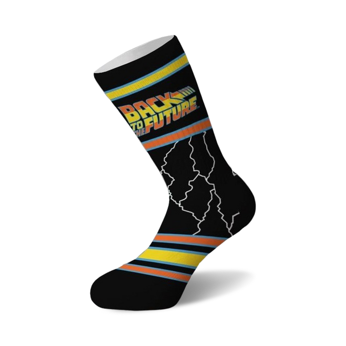  black crew socks with a yellow and orange stripe, blue and yellow stripe, and a large image of a delorean dmc surrounded by lightning bolts.    }}