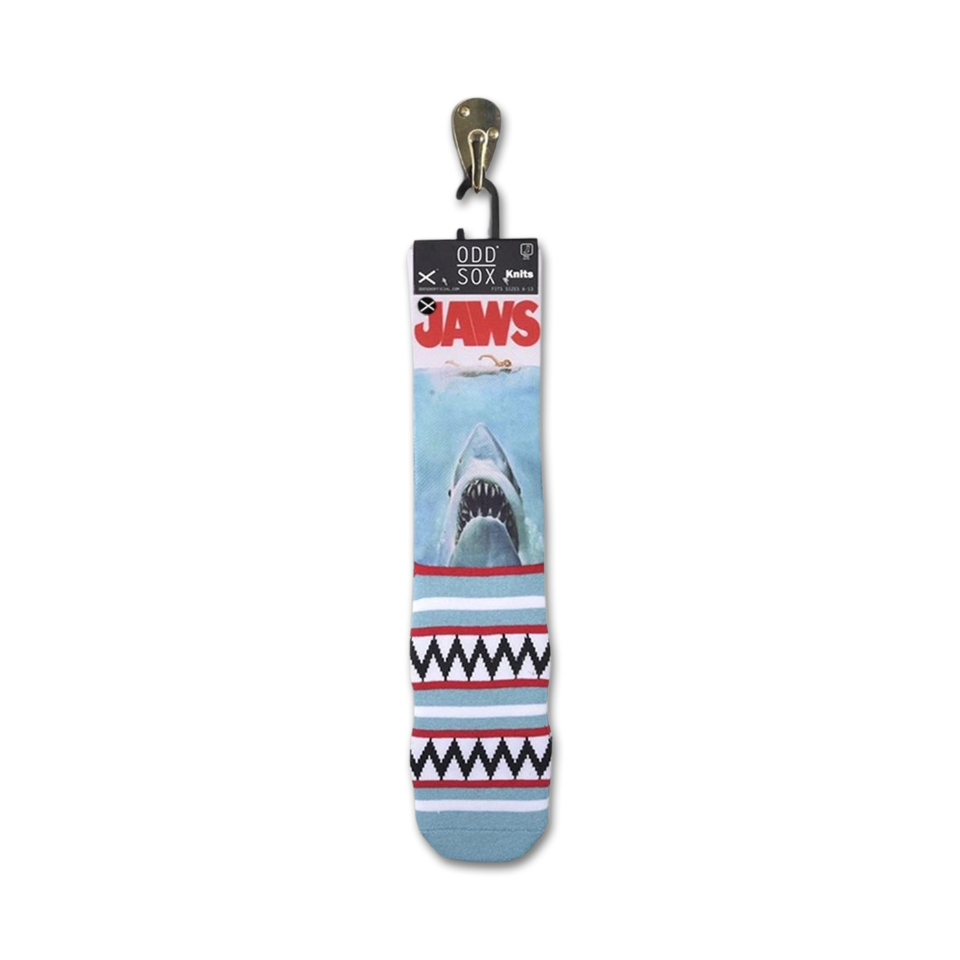 Close-up of Jaws socks on their retail packaging tag.  Shows the sock design and branding.