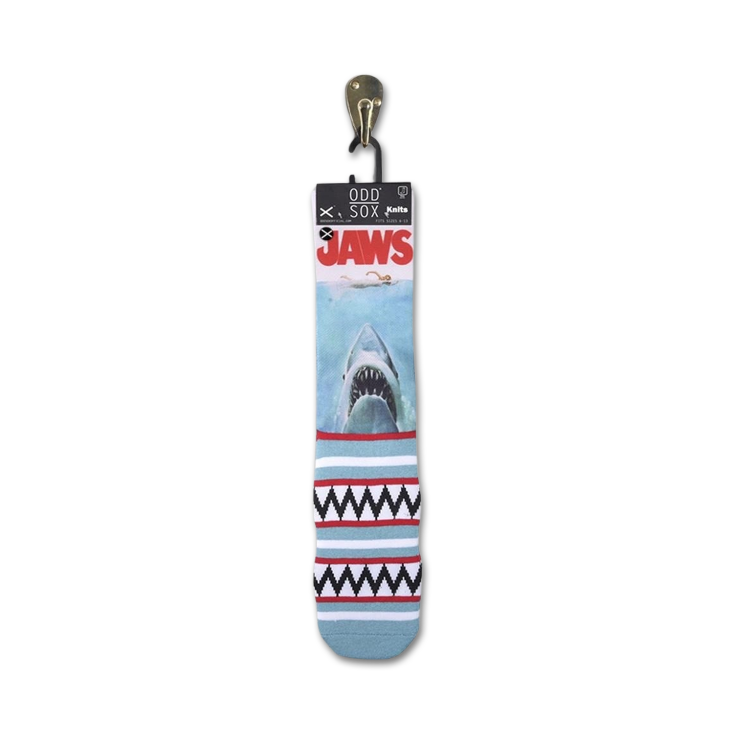 Close-up of Jaws socks on their retail packaging tag.  Shows the sock design and branding.