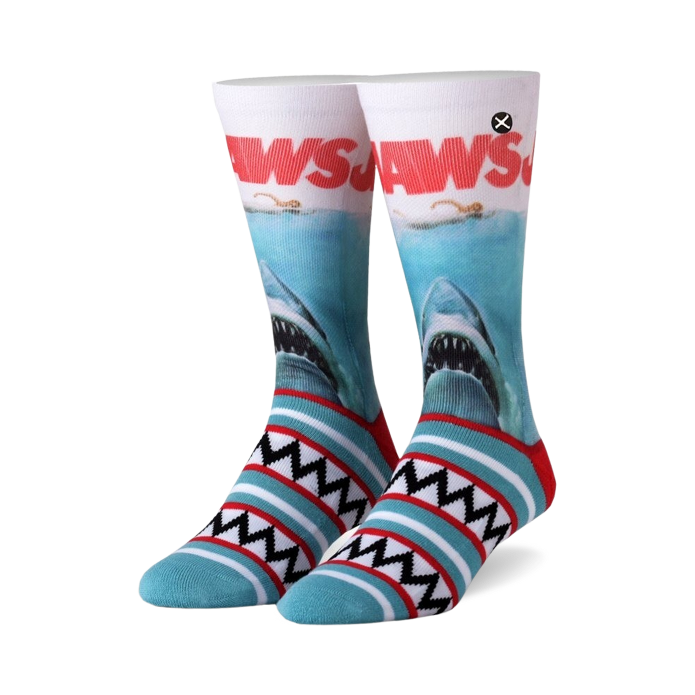 Pair of Jaws crew socks.  White and teal stripes at the bottom, featuring the Jaws movie poster with a great white shark on the main body of the sock.