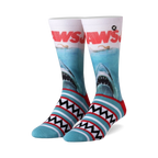Pair of Jaws crew socks.  White and teal stripes at the bottom, featuring the Jaws movie poster with a great white shark on the main body of the sock.