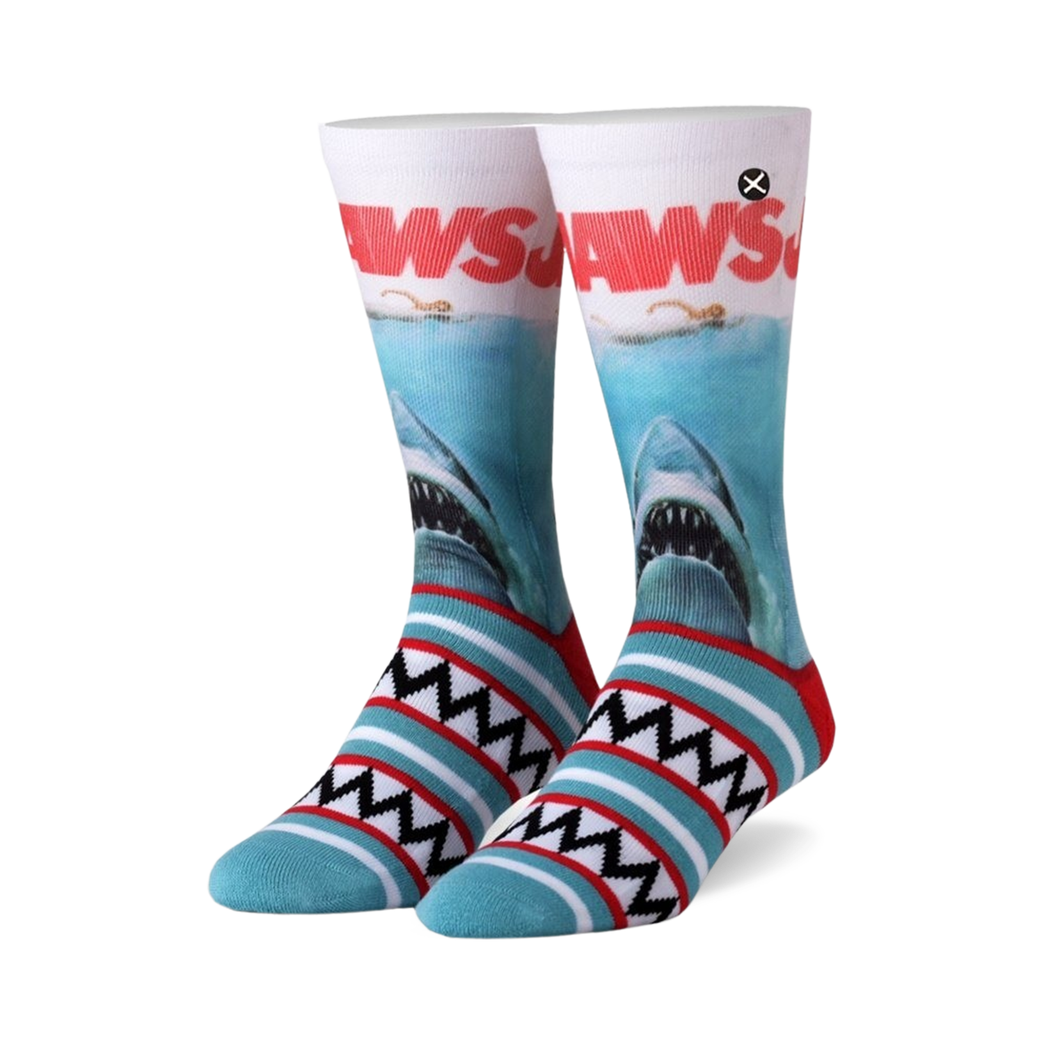 Pair of Jaws crew socks.  White and teal stripes at the bottom, featuring the Jaws movie poster with a great white shark on the main body of the sock.