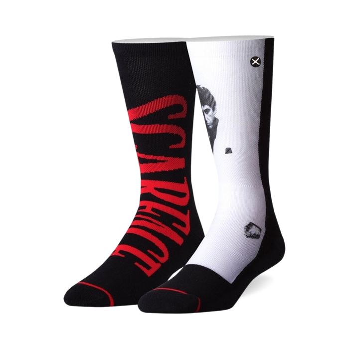 black and white scarface socks for men and women featuring a picture of tony montana and red lettering.  