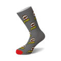 Grey crew socks with repeating Pringles logo pattern.  The Pringles mascot with a mustache is featured prominently. Red toe.