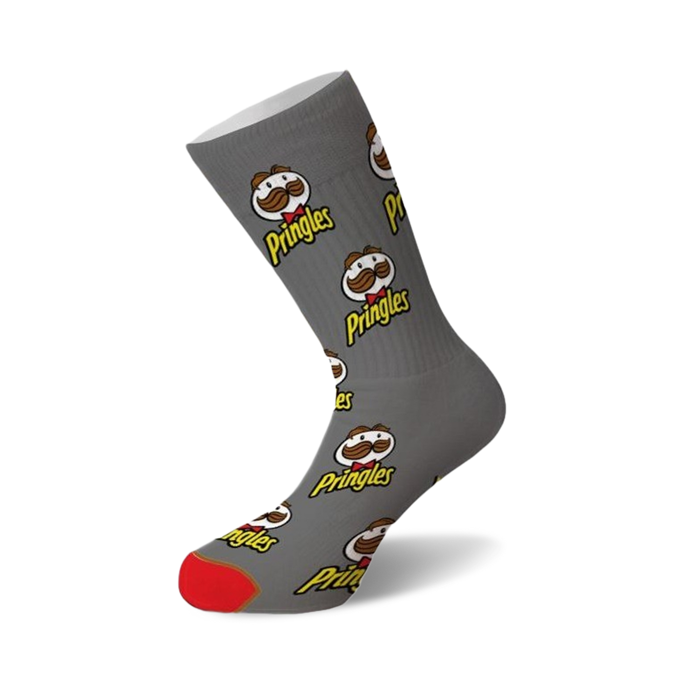 Grey crew socks with repeating Pringles logo pattern.  The Pringles mascot with a mustache is featured prominently. Red toe.
