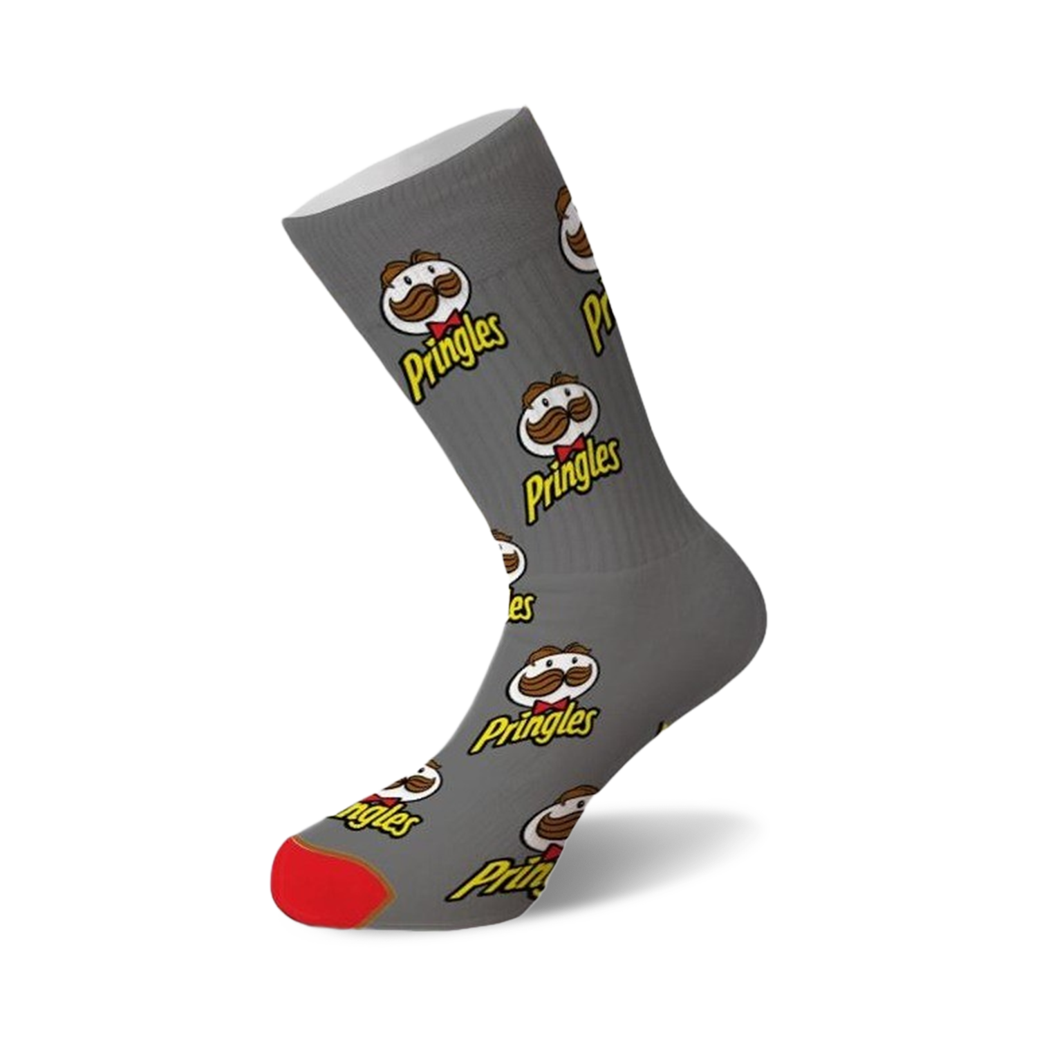 Grey crew socks with repeating Pringles logo pattern.  The Pringles mascot with a mustache is featured prominently. Red toe.