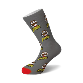 gray crew socks with an all-over pringles logo pattern for men and women.   