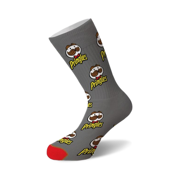 gray crew socks with an all-over pringles logo pattern for men and women.   