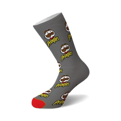 gray crew socks with an all-over pringles logo pattern for men and women.   