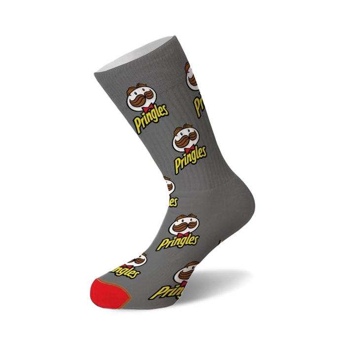 gray crew socks with an all-over pringles logo pattern for men and women.    }}