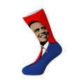 Crew socks featuring a pop art portrait of Barack Obama in a blue suit against a red background.  The American flag is subtly visible on his lapel.