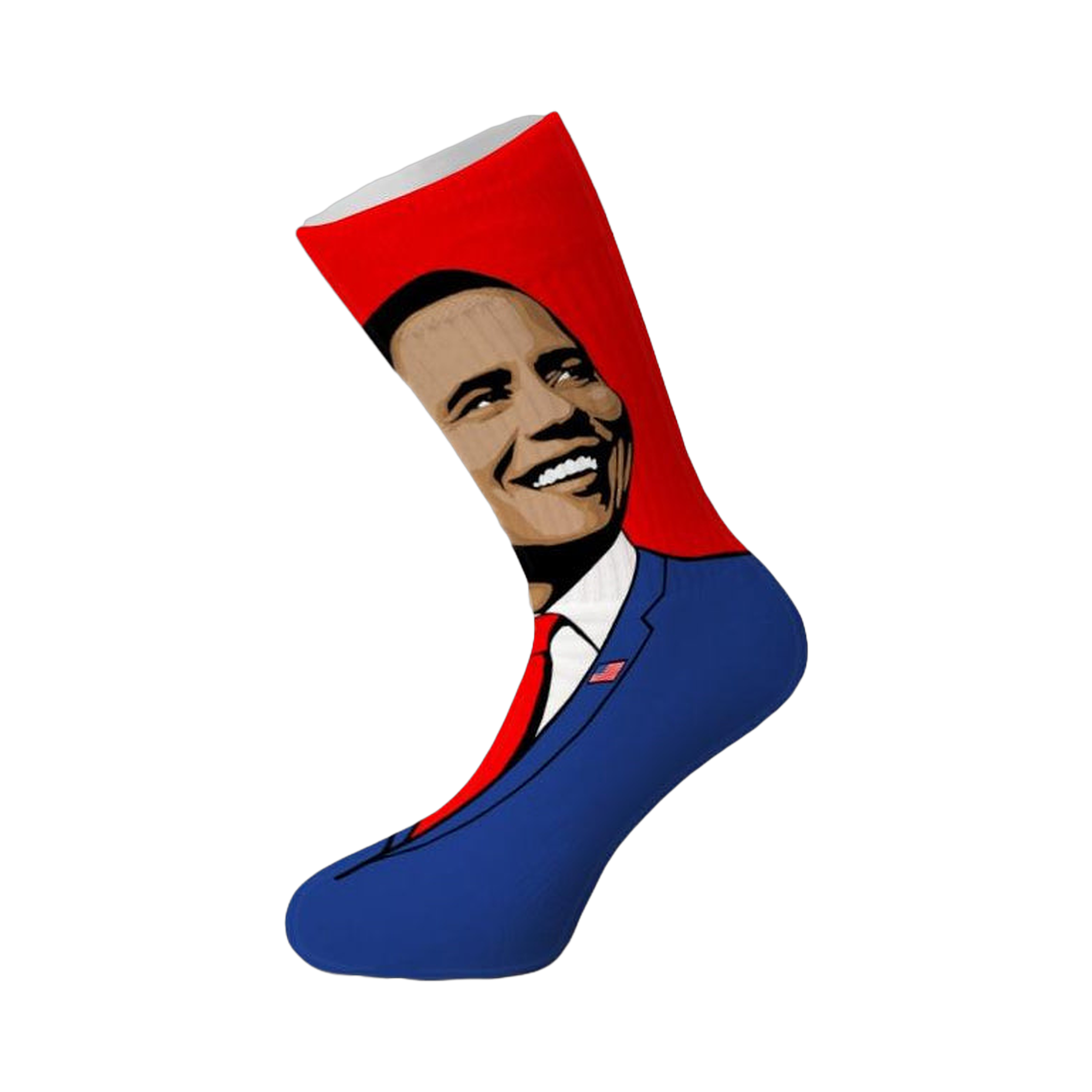 Crew socks featuring a pop art portrait of Barack Obama in a blue suit against a red background.  The American flag is subtly visible on his lapel.