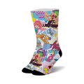 Crew socks with a 90s cartoon design. Pink, blue, and purple color scheme. Features Ren & Stimpy, SpongeBob, and other nostalgic characters.