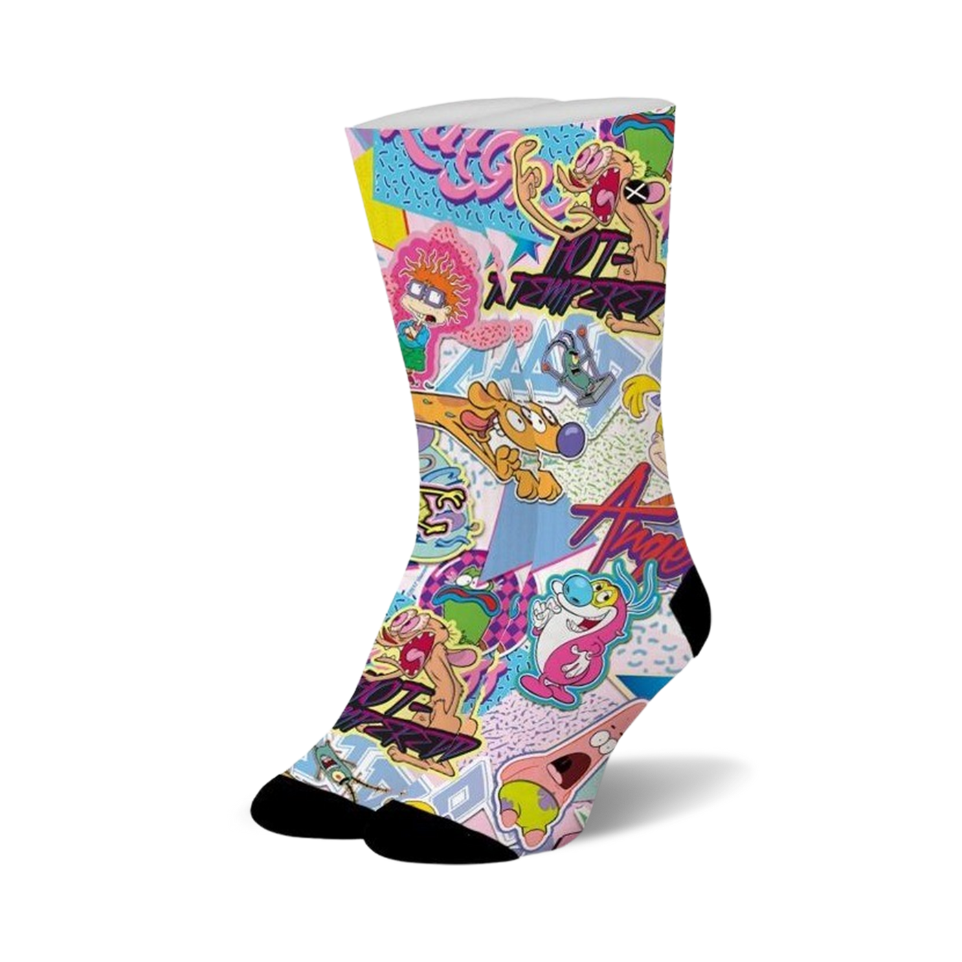 Crew socks with a 90s cartoon design. Pink, blue, and purple color scheme. Features Ren & Stimpy, SpongeBob, and other nostalgic characters.