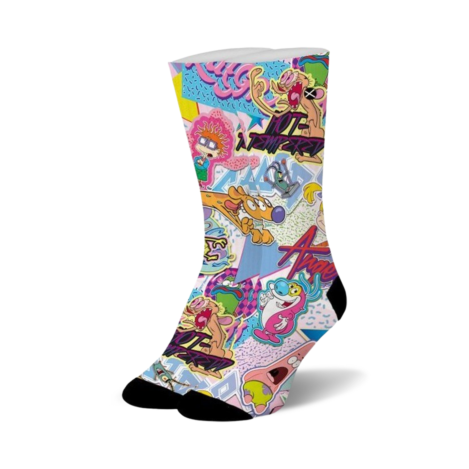 Crew socks with a 90s cartoon design. Pink, blue, and purple color scheme. Features Ren & Stimpy, SpongeBob, and other nostalgic characters.