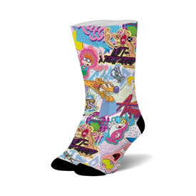 nick stickers sublimation crew socks for women feature a colorful pattern of 1990s cartoon characters on a white background.  