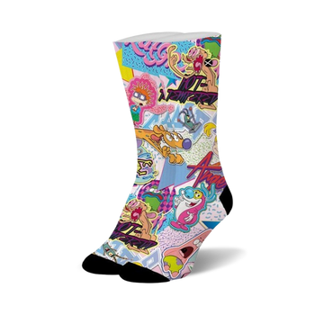 nick stickers sublimation crew socks for women feature a colorful pattern of 1990s cartoon characters on a white background.  