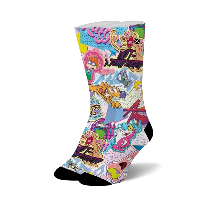 nick stickers sublimation crew socks for women feature a colorful pattern of 1990s cartoon characters on a white background.   }}