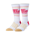 Pair of white crew socks with red Cup Noodles logo and wavy noodle pattern.  Features tan heel and toe.