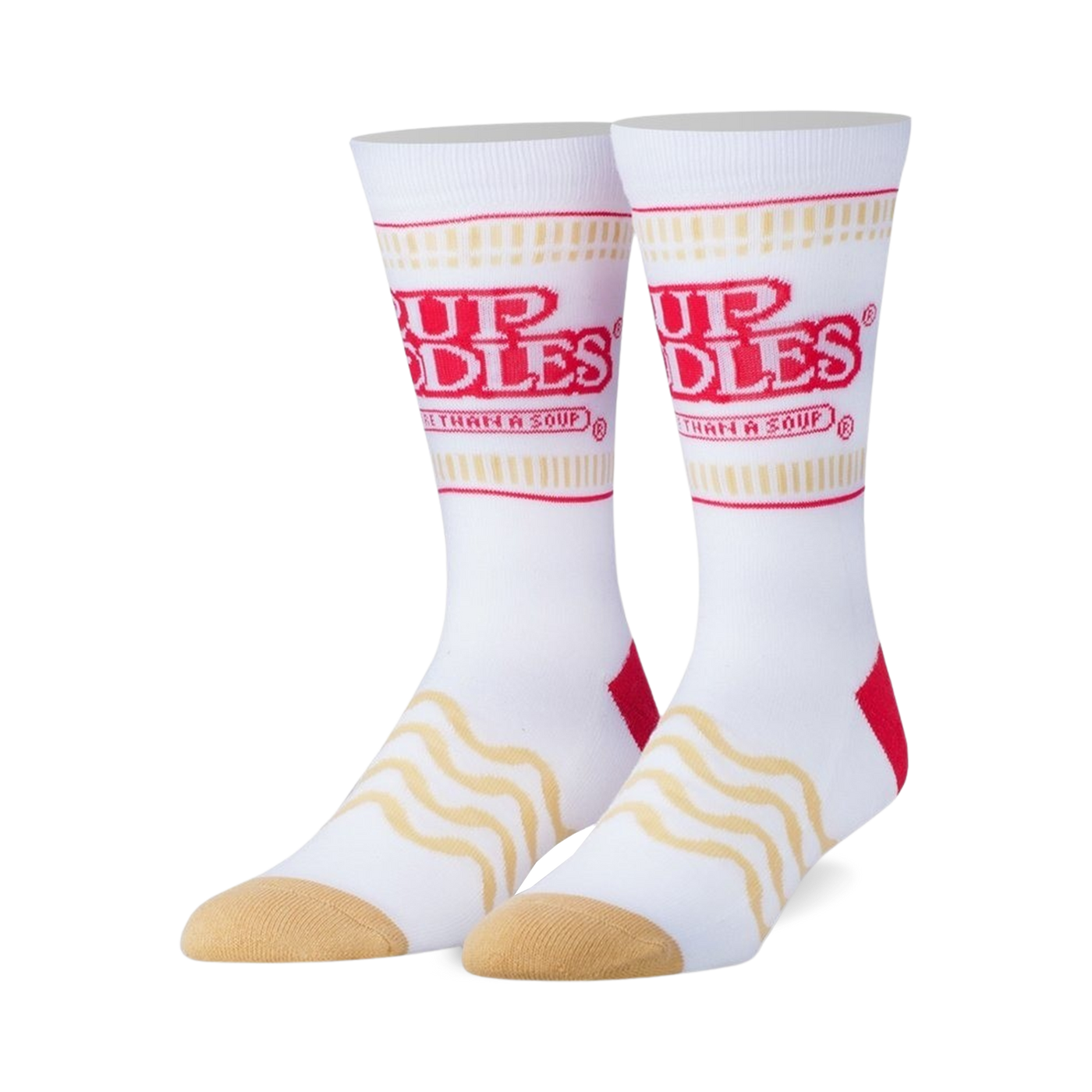 Pair of white crew socks with red Cup Noodles logo and wavy noodle pattern.  Features tan heel and toe.