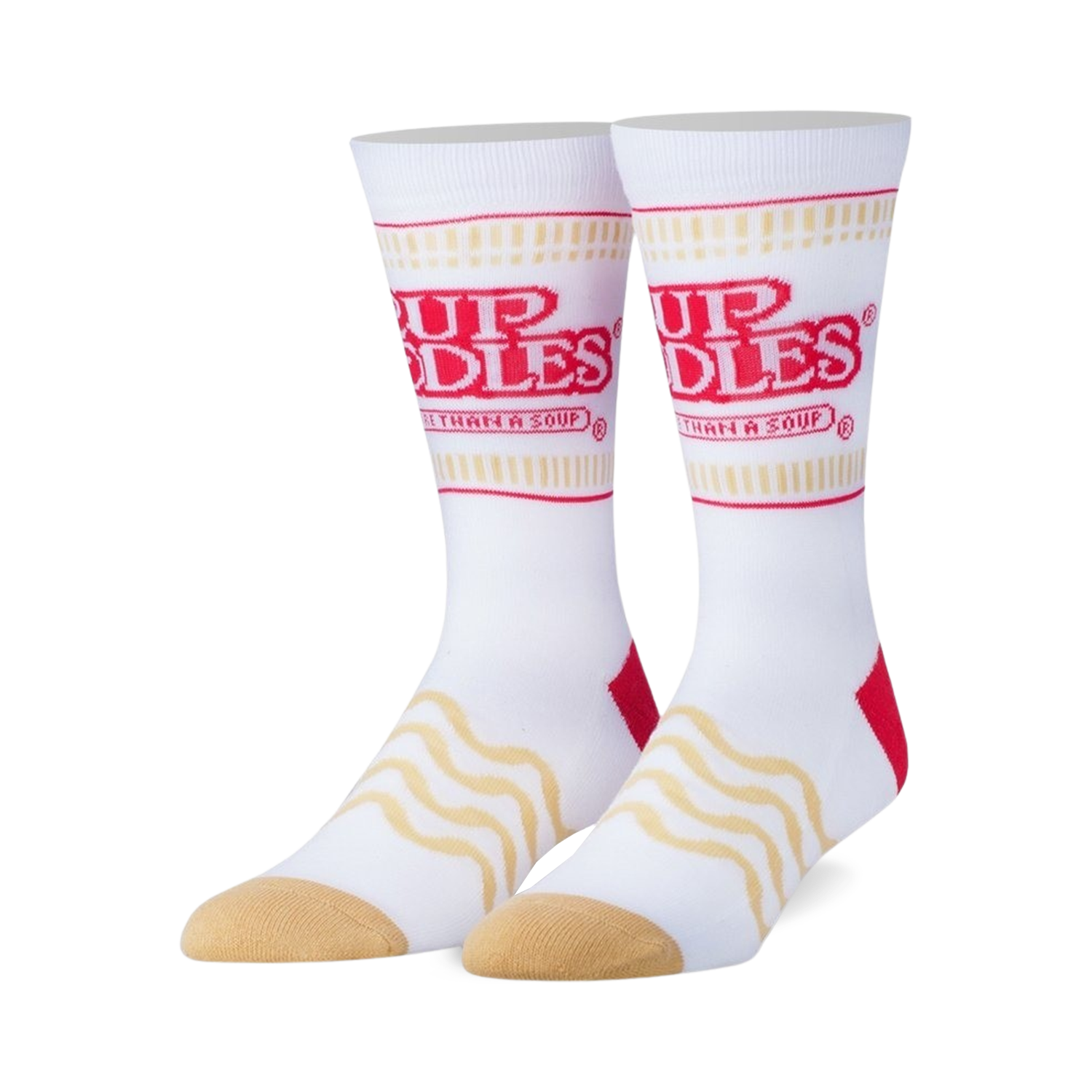 Pair of white crew socks with red Cup Noodles logo and wavy noodle pattern.  Features tan heel and toe.