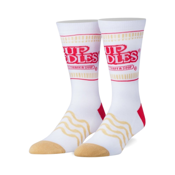 white crew socks with red and yellow cup noodles pattern. one size.   