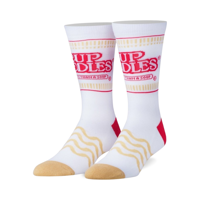 white crew socks with red and yellow cup noodles pattern. one size.    }}