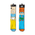 Pair of Tommy and Chuckie Rugrats crew socks.  One sock is yellow and blue, the other blue and orange, with cartoon images of the characters.