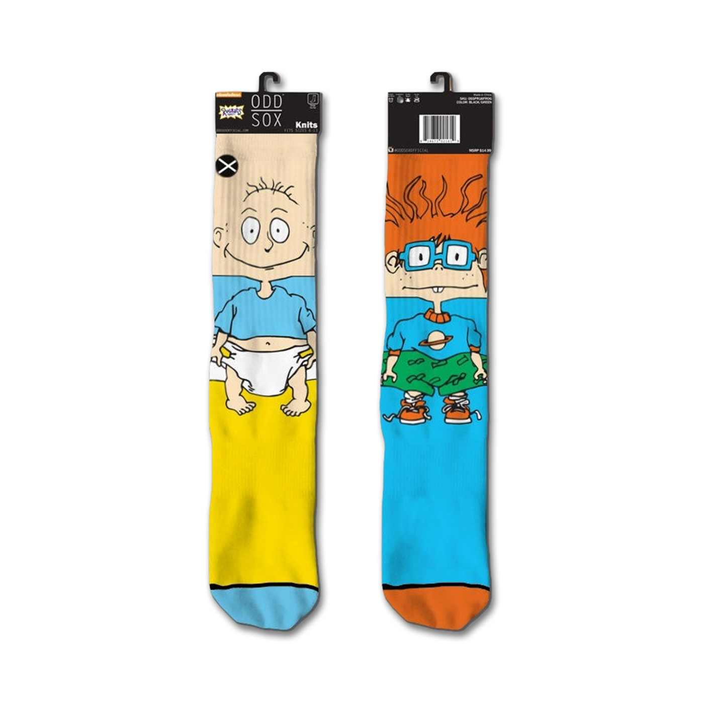 Pair of Tommy and Chuckie Rugrats crew socks.  One sock is yellow and blue, the other blue and orange, with cartoon images of the characters.