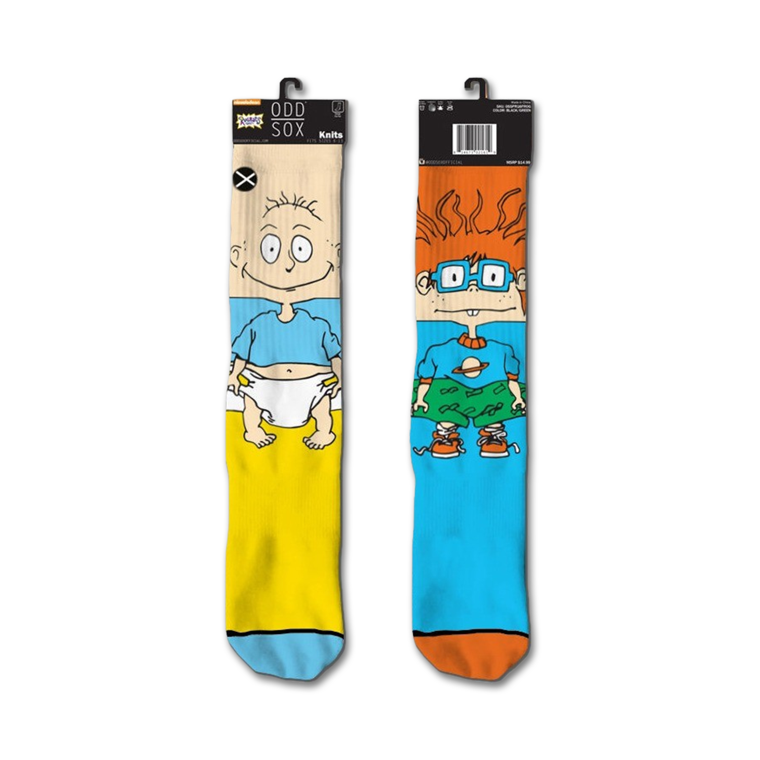Pair of Tommy and Chuckie Rugrats crew socks.  One sock is yellow and blue, the other blue and orange, with cartoon images of the characters.