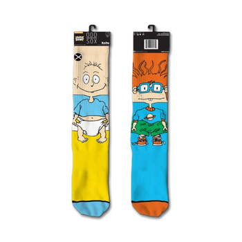 bright nylon spandex socks with a cartoon yellow and blue tommy pickles and chuckie finster design. suitable for everyday wear, these unisex socks for men and women have a crew-length design.  