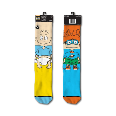 bright nylon spandex socks with a cartoon yellow and blue tommy pickles and chuckie finster design. suitable for everyday wear, these unisex socks for men and women have a crew-length design.  