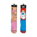 Pair of crew socks featuring Ren & Stimpy. Ren's sock is peach with him lounging; Stimpy's is blue with him happily licking his nose.