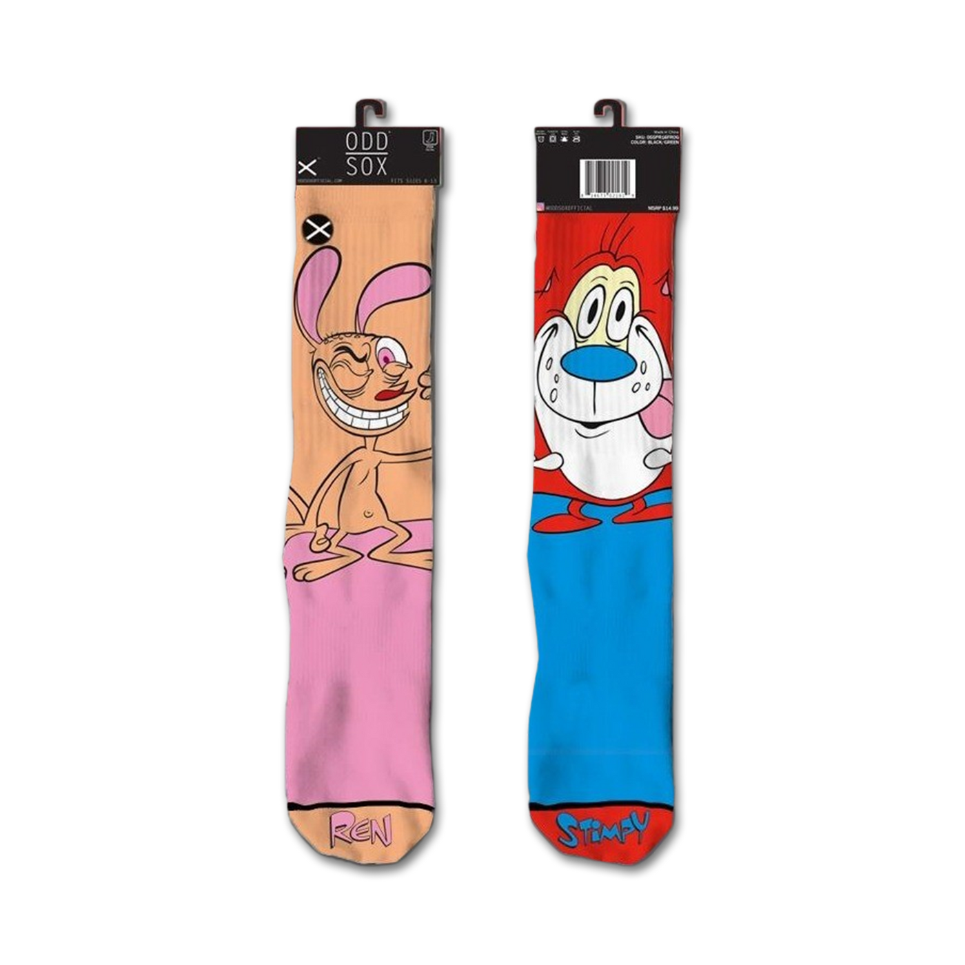 Pair of crew socks featuring Ren & Stimpy. Ren's sock is peach with him lounging; Stimpy's is blue with him happily licking his nose.