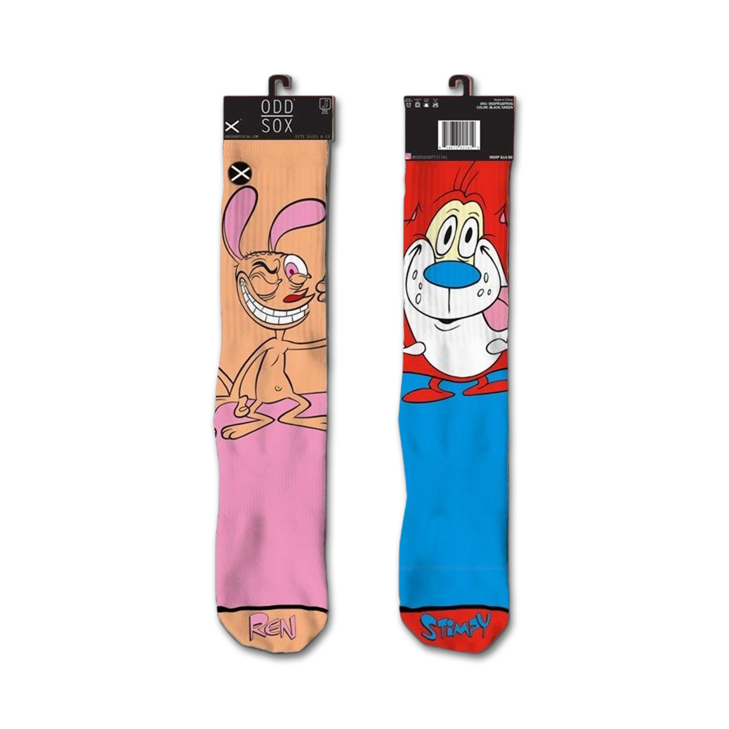 Pair of crew socks featuring Ren & Stimpy. Ren's sock is peach with him lounging; Stimpy's is blue with him happily licking his nose.