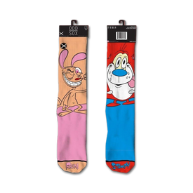 black, green, pink, and blue ren & stimpy 360 knit crew socks with ren on left sock and stimpy on right sock. for men and women.  