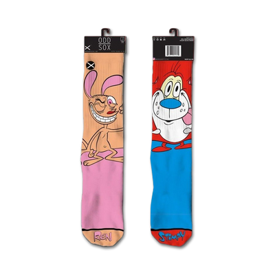 black, green, pink, and blue ren & stimpy 360 knit crew socks with ren on left sock and stimpy on right sock. for men and women.  