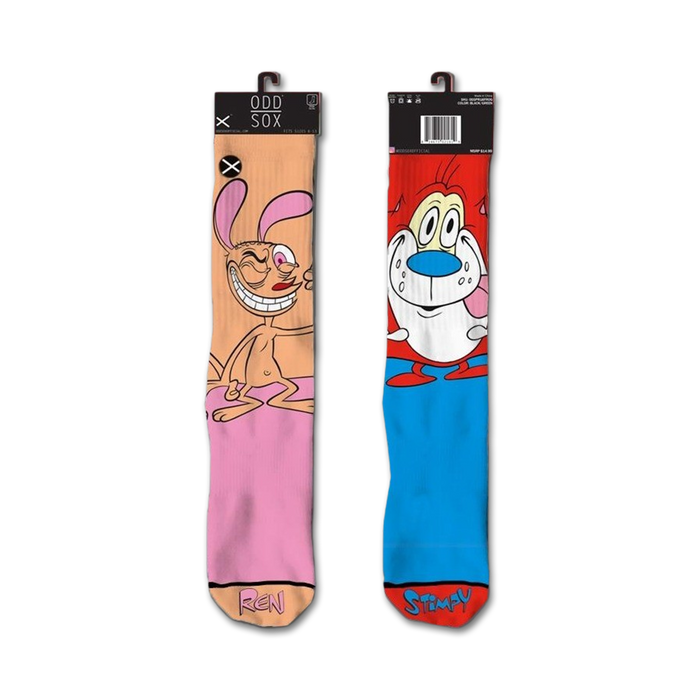 black, green, pink, and blue ren & stimpy 360 knit crew socks with ren on left sock and stimpy on right sock. for men and women.   }}