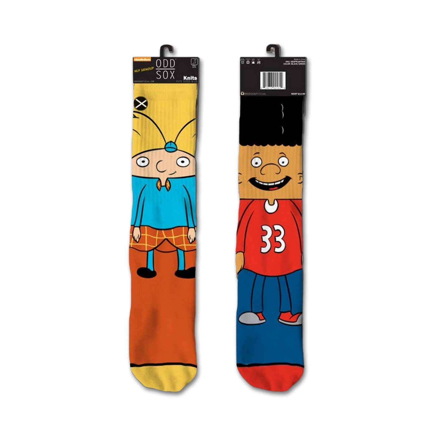 Pair of crew socks featuring Hey Arnold! characters Arnold and Gerald. Arnold's sock is yellow, blue, and orange. Gerald's is red, blue, and black.