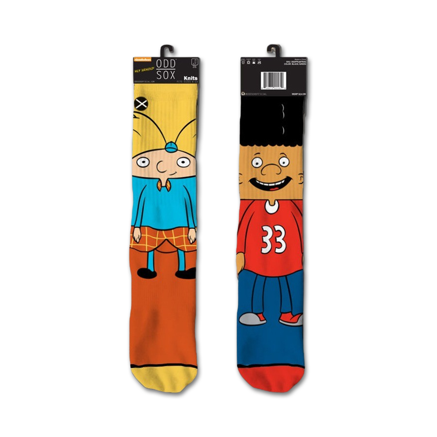 Pair of crew socks featuring Hey Arnold! characters Arnold and Gerald. Arnold's sock is yellow, blue, and orange. Gerald's is red, blue, and black.