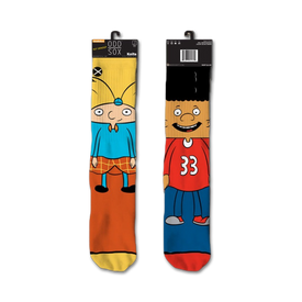 orange and blue crew socks with arnold and gerald cartoon characters from the tv show hey arnold!    